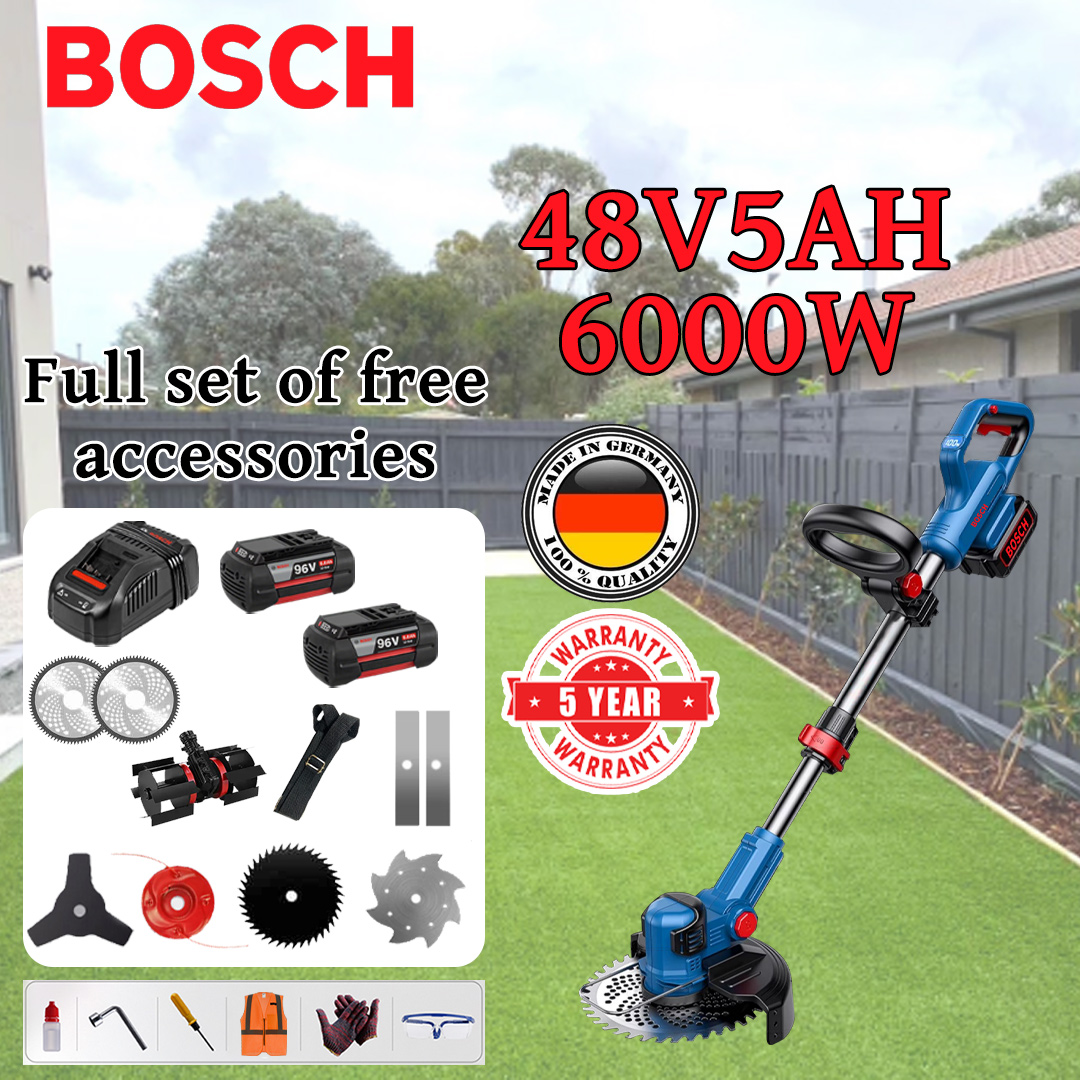 [Upgraded Model] Lawn Mower (6000w48V5AH) + Cultivator Head * 1 + Alloy Saw Blade * 2 + Alloy Saw Blade * 2 + Alloy Cutter Head * 1 + Triple Blade * 1 + Anti-Block Blade * 1 + Charger + Battery * 1 + Belt * 1 + Others accessories + 5-year warranty