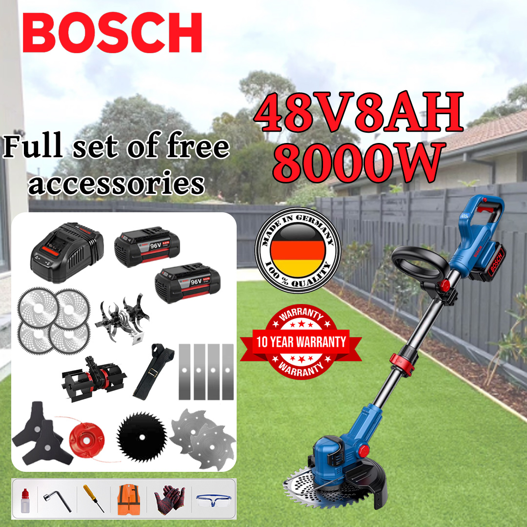 [Deluxe Model] Lawn Mower (8000w48V8AH) + Cultivator Head * 1 + Adjustment Wheel * 1 + Alloy Saw Blade * 4 + Alloy Saw Blade * 4 + Alloy Cutter Head * 1 + Triple Blade * 2 + Anti-Block Blade * 1 + Steel Knife * 2 + Charger +battery*2+handle*1+other accessories+10 year warranty