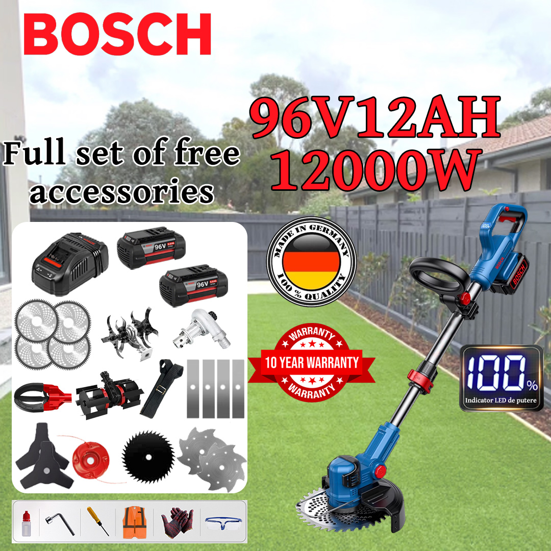 [Upgraded Deluxe Model/Highly Recommended] Lawn Mower (12000w96V12AH) + Electric Display + Cultivator Head *1 + Trench Wheel *1 + Alloy Blade *4 + Alloy Saw Blade *4 + Alloy Cutting Head *1 + Three Blades*2+ Anti-Interference Blade*1+ steel knife*2+snow plow*1+charger+battery*2+belt*1+fruit picker*1+other accessories+10 year warranty