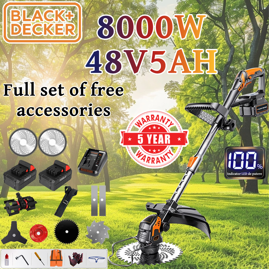 [Upgraded Model] Lawn Mower (8000w48V5AH) + Tillage Head*1 + Alloy Blade*2 + Alloy Saw Blade*2 + Alloy Cutter Head*1 + Triple Blade*1 + Anti-block Blade*1 + Charger+Battery*1+Belt*1+Other Accessories+5 Years Warranty