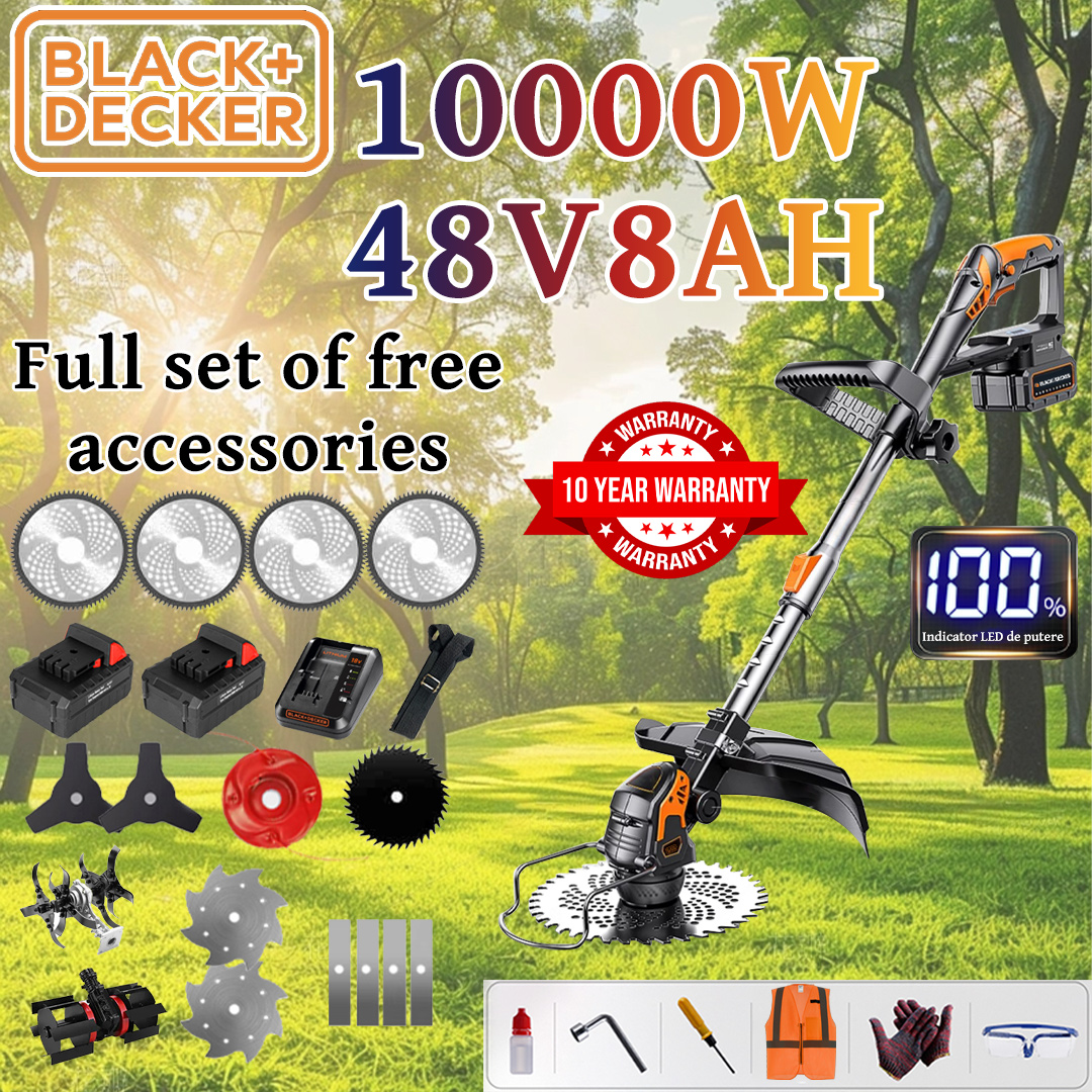 [Deluxe Model] Lawn Mower (10000w48V8AH) + Tillage Head*1 + Adjustment Wheel*1 + Alloy Blade*4 + Alloy Saw Blade*4 + Alloy Cutter Head*1 + Triple Blade*2 + Anti-block Blade*1 + Steel Knife*2 + Charger+Battery*2+Handle*1+Other Accessories+10 Years Warranty