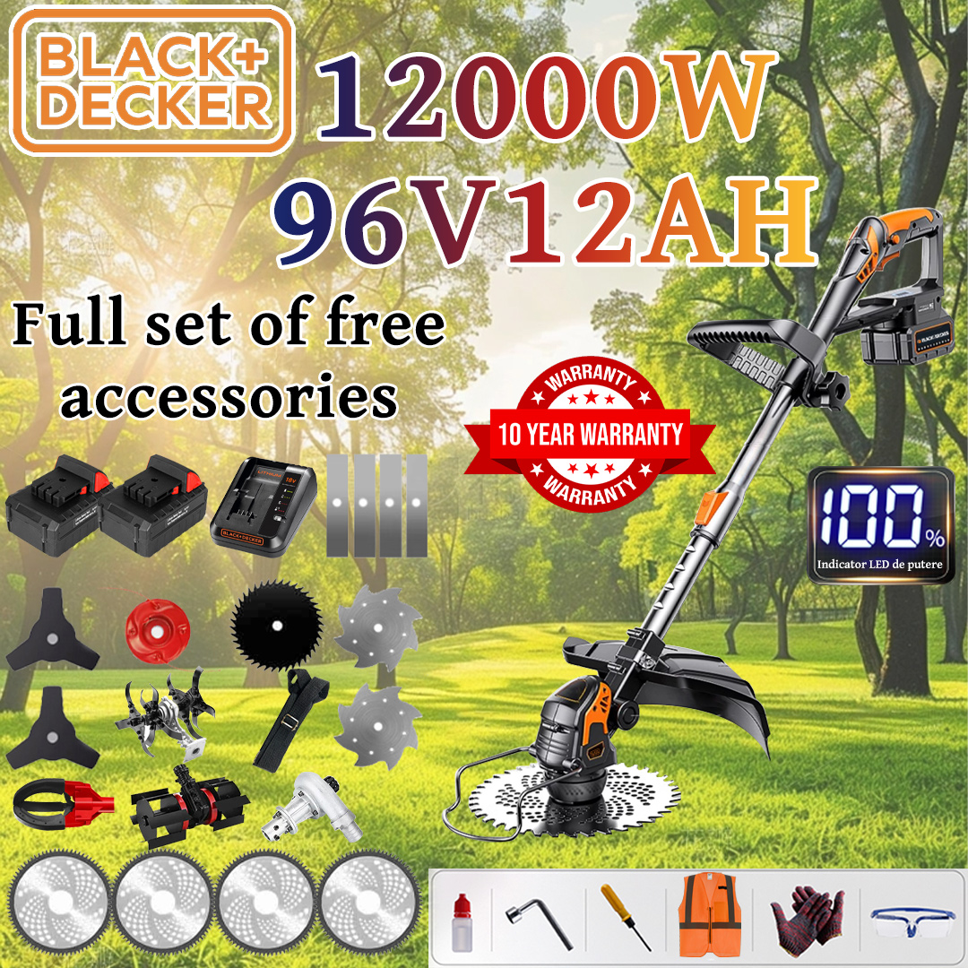 [Upgraded Luxury Model/Highly Recommended] Lawn Mower (12000w96V12AH) + Power Display + Tillage Head *1 + Trenching Wheel *1 + Alloy Blade *4 + Alloy Saw Blade *4 + Alloy Cutting Head *1 + Three-Blade Knife *2 + Anti-Interference Blade *1 + Steel Knife *2 + Snow Plow *1 + Charger + Battery *2 + Belt *1 + Fruit Picker *1 + Other Accessories + 10-Year Warranty