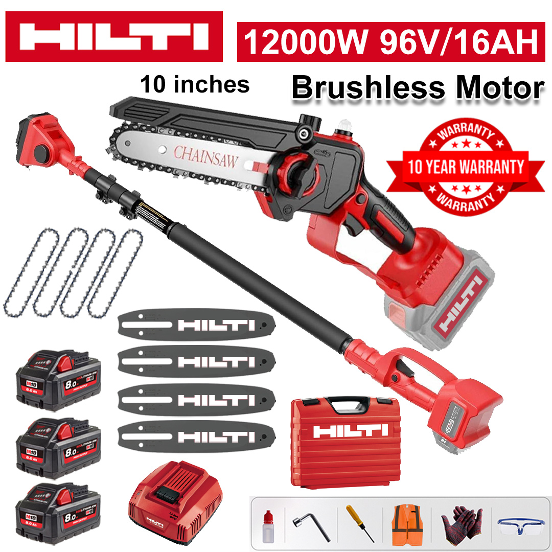 10 Inch Brushless Lithium Electric Saw, Power 12000W, 96V 16Ah Battery*3, Charger, Guide Plate*4, Chain*4, Tool Box, Lubricant and Goggles, Ten Years Warranty (Equipped with Telescopic Pole )