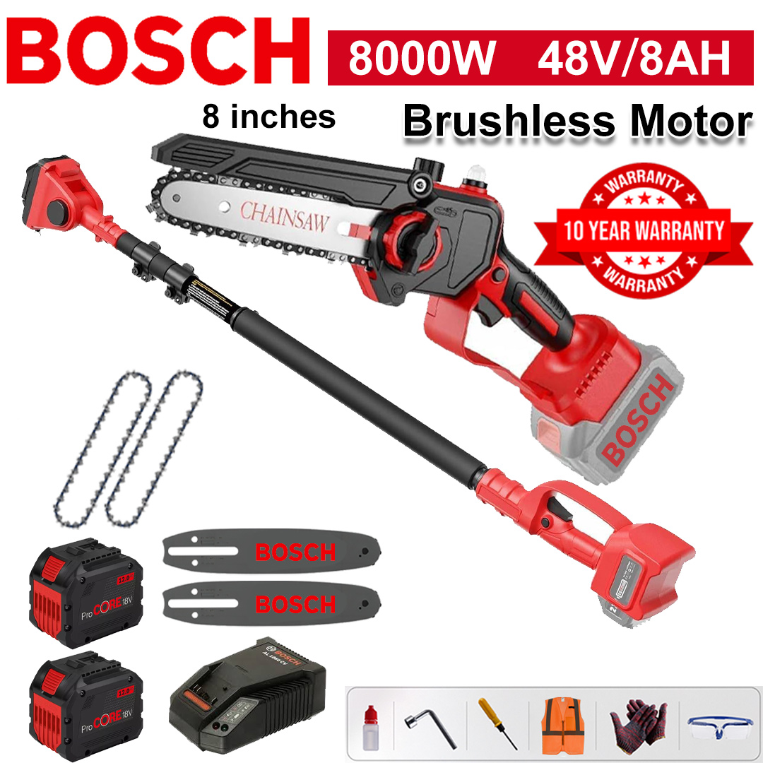 8 Inch Brushless Lithium Electric Saw, 8000W Power, 48V 8.0Ah Battery*2, Charger, Guide Plate*2, Chain*2, Tool Box, Lubricant & Goggles, Warranty five years(Equipped with Telescopic Pole )