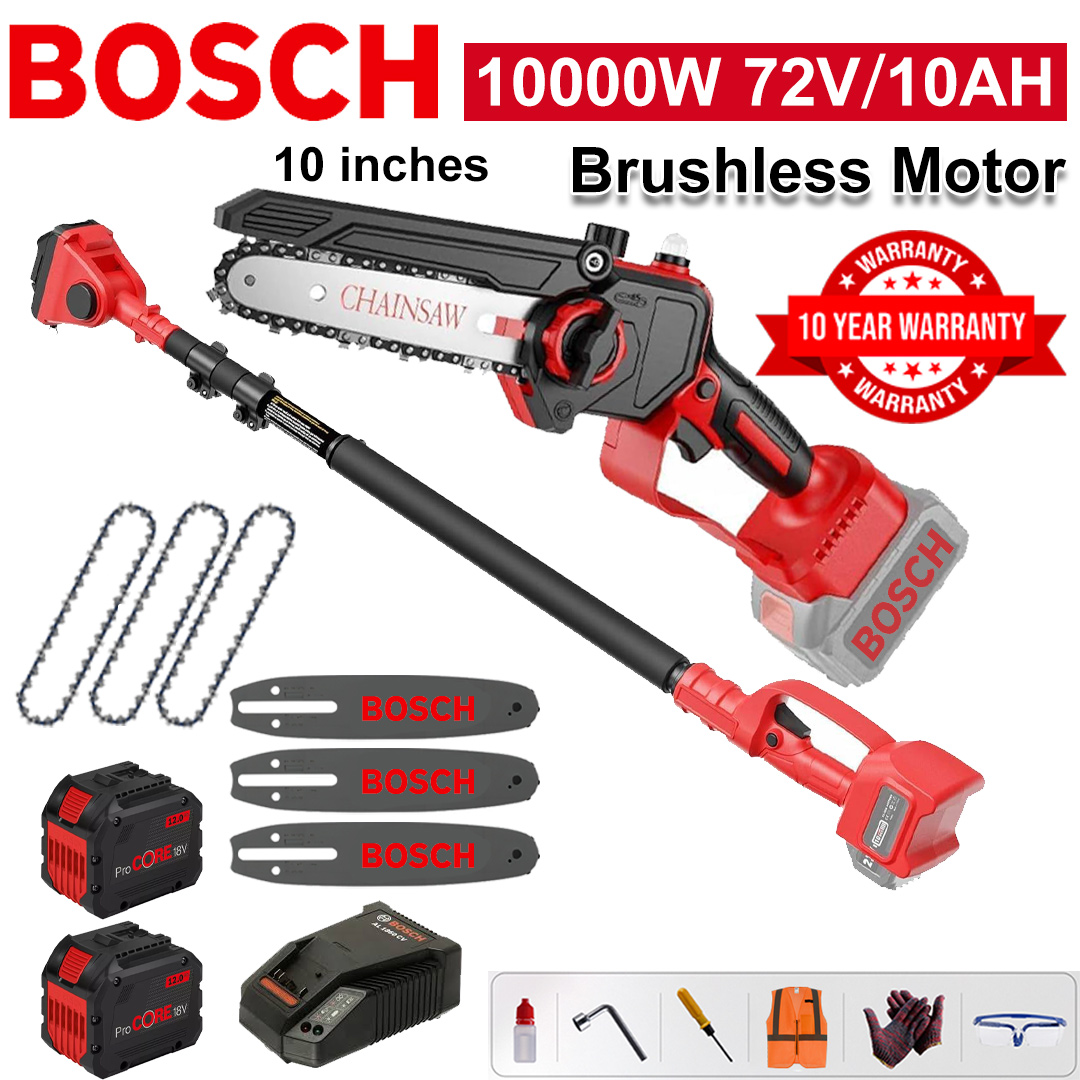 10 Inch Brushless Lithium Electric Saw, Power 10000W, 72V 10Ah Battery*2, Charger, Guide Plate*3, Chain*3, Tool Box, Lubricant and Goggles, Ten Years Warranty(Equipped with Telescopic Pole )